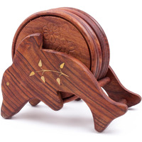 Store Indya Set of 6 Wooden Coasters with Dolphin Shape Holder for Tea Coffee Beer Wine Glass Drinks Table Top Protection Perfect Coasters Drinking Glasses