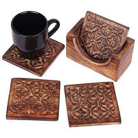 Store Indya Set of 4 Handmade Wooden Coasters Absorbent Cool Drink Coasters with Holder Unique Bar Decor Accessories Best Housewarming Gift