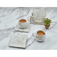 Set of 4 Wooden Square Coasters with Holder for Tea Coffee Beer Wine Glass Drinks-Whitewash Finish with Geometrical Carving Perfect Coasters