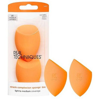 Real Techniques Miracle Complexion Sponge Duo, Makeup Blending Sponge, For Foundation, Offers Light To Medium Coverage, Natural, Dewy Makeup, Orange Sponge, Latex-Free Foam, 2 Count