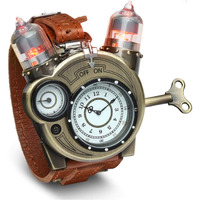Thinkgeek Steampunk-Styled Tesla Analog Watch Weathered-Brass Look On Metal Findings Plus Leather Strap