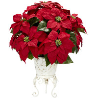 Poinsettia W/Metal Planter Silk Flower Arrangement