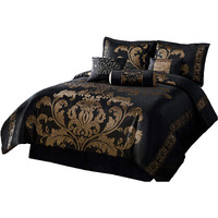 Chezmoi Collection Royale 7-Piece Jacquard Floral Comforter Set, Queen, Blackgold