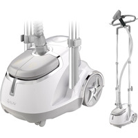 Salav Gs45-Dj Professional Upright Garment Steamer With Roll Wheels, Retractable Power Cord, Multi-Function Extra Wide Hanger, Foot Pedal Step On Control, Hanger Clips, Pants Press, Fabric Brush, & Mini Ironing Paddle, 1500 Watts, Silver