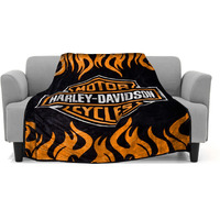 Super Soft Plush Classic Black Harley Davidson Blanketthrow Full Or Queen Size - Orange