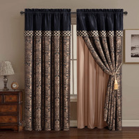 Chezmoi Collection Lisbon 4-Piece Jacquard Floral Window Curtain Set, Sheer Backing, Tassels, Valance, Blackgold