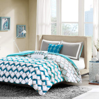 Intelligent Design Cozy Comforter Set Geometric Design Modern All Season Vibrant Color Bedding Set With Matching Sham, Decorative Pillow, Fullqueen, Finn Blue 5 Piece