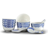 10 Pcs Fine Bone China Blue And White Chinese Soup Bowls Ceramic Porcelain Bowl, With Free 10 Porcelain Spoons Rice Bowl
