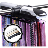 Primode Motorized Tie Rack Closet Organizer With Led Lights, Bonus Stainless Steel Tie Clip Set, Includes J Hooks For Wired Shelving Stores Up To 72 Ties With 8 Belts, Rotation Operates With Batteries