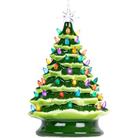 Christmas Is Forever Lighted Tabletop Ceramic Tree, 16 Inch Green Tree With Multicolored Lights