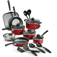 Tramontina 18 Piece Nonstick Cookware Set - Red - Aluminum Construction, Dishwasher Safe, Compatible With Gas, Electric, Ceramic Cooktops - Includes Saut Pans, Griddle, Dutch Oven, Cooking Utensils