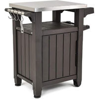 Keter Unity 35.4 Inches X 29.6 Inches X 22.7 Inches Stainless Steel And Resin Outdoor Kitchen Cart With Storage Cabinet And Hooks, Espresso Brown