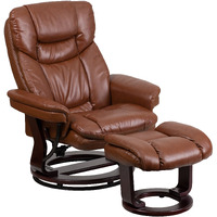 Flash Furniture Allie Contemporary Multi-Position Recliner And Curved Ottoman With Swivel Mahogany Wood Base In Brown Vintage Leathersoft
