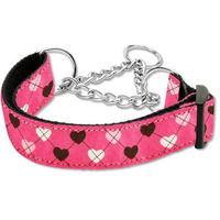 Mirage Pet Products Argyle Hearts Nylon Ribbon Martingale Collar For Pets, Large, Bright Pink