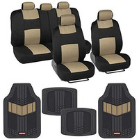Bdk Two-Tone Polypro Car Seat Covers Full Set With Motor Trend Heavy Duty Rubber Car Floor Mats, Black & Beige     Universal Fit Accessories For Auto Truck Van Suv