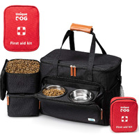 Unique Dog Travel Bag - Dog Traveling Luggage Set For Dogs Accessories - Include Pet First Aid Bag With Case Tags, Elevated Bowl Stand, 2X Food Storage Containers, 2X Dog Stainless Steel Bowls.