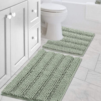 H.Versailtex Bathroom Rugs Bath Rug Set 2 Piece Bathroom Contour Rug Toilet Mat Sets Non Slip Contour Bath Rug Ultra Thick Water Absorbent Striped Bath Mats Washable(20 "" X 32 "" Plus 20 "" X 20 "" U, Sage)