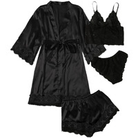 Wdirara Women ' Silk Satin Pajamas Set 4Pcs Lingerie Floral Lace Cami Sleepwear With Robe Black Belted L
