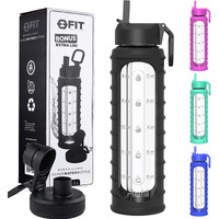 32 Oz Glass Water Bottle With Straw Lid, Time Marker, Sleeve & Extra Lid - Motivational, Wide Mouth, Large Bpa-Free 1 Liter Glass Water Bottle, Glass Drinking Bottle, Waterbottle (Black Ribbed Sleeve)