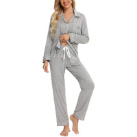 Leikar Button Up Pajama Set For Women Long Sleeve Shirt And Pajama Pants Soft Pjs Lounge Sets S-Xxl Gray