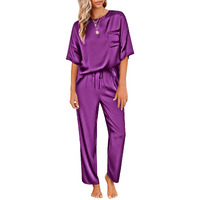 Ekouaer Pj Set For Women Silk Sleepwear Pjs For Women Set Women's Satin Pajamas Set Pjs Sleepwear Short Sleeve Sleep Set Purple L