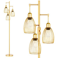 Dimmable Floor Lamp, 3 X 800Lm Led Edison Bulbs Included, Farmhouse Industrial Floor Lamp Standing Tree Lamp With Elegant Teardrop Cage Head Tall Lamp For Living Room Bedroom Office Dining Room - Gold