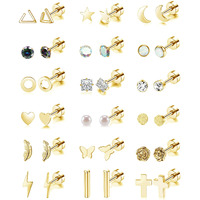18 Pairs Stainless Steel Stud Earrings Set For Women Men Star Moon Flower Heart Leaf Opal 20G Cartilage Earrings Hypoallergenic Flatback Earrings Piercing Jewelry