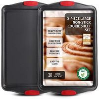 Baking Sheet Set, 2-Piece Large Cookie Sheet Set With Silicone Handles, Steel Baking Pan, Baking Sheets For Oven, Bpa Free Cookie Sheets For Baking Nonstick Set, Premium Sheet Pan, Black Baking Tray