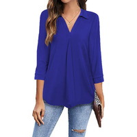 Newchoice Women 's 3/4 Sleeve Work Shirts Collared V Neck Pleated Business Casual Tops Loose Fitting Tunic Blouse (Royal Blue, M)
