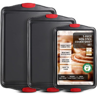 Baking Sheet Set, 3-Piece Cookie Sheet Set With Silicone Handles, Steel Baking Pan, Durable Baking Sheets For Oven, Bpa Free Cookie Sheets For Baking Nonstick Set, Premium Sheet Pan, Black Baking Tray