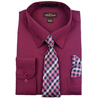 Alberto Danelli Men's Long Sleeve Dress Shirt With Matching Tie And Handkerchief, Large / 16-16.5 Neck -33/34 Sleeve, Plum