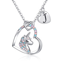 Hidepoo Unicorn Necklace Gifts For Girls, 14K White Gold Plated Heart Pendant Colorful Cz Unicorn Necklace Initial J Pendant Unicorn Necklaces For Women Teen Girls Jewelry Unicorns Gifts For Girls