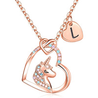 Unicorns Gifts For Girls Women, 14K Rose Gold Plated Initial L Pendant Heart Unicorn Necklace Girls Jewelry Letter Unicorn Necklaces For Girls Unicorns Gifts Valentines Birthday Gifts For Girls