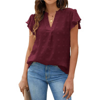 Blooming Jelly Womens White Blouse V Neck Ruffle Sleeve Flowy Shirts Dressy Casual Cute Summer Tops(2X-Large, Wine Red)