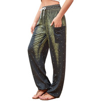 Qianxizhan Women 's Harem Pants, Hippie Palazzo Pants Boho Joggers Yoga Clothes With Pockets Green Flower 3Xl