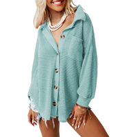 Dokotoo Womens Vintage Solid Color Button Down Shirts Long Sleeve Button Up Pocket Blouses Ladies Loose Fit Waffle Knit Shacket Dressy Boyfriend Tops Sky Blue Large