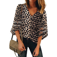 Utyful Women 's 3/4 Bell Sleeve Tops V Neck Blouse Summer Blouses For Women Blouses And Tops Dressy For Work V Neck-Leopard Large