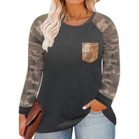Carcos Plus Size Tops For Women 4X Color Block Long Sleeve Shirts Camo Crewneck Raglan Tunics Camouflage Casual Black Pullover With Sequin Pocket 4Xl 24W 26W