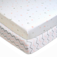 Tl Care 2 Pack Printed 100% Natural Cotton Jersey Knit Fitted Pack N Play Playard Sheet, Pink Stars/Zigzag, Soft Breathable, For Boys And Girls