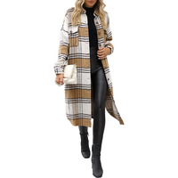 Uaneo Plaid Coat Women Button Down Long Plaid Jacket Fall Flannel Trench Coat (Tan, X-Large)