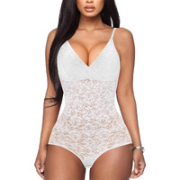 Brabic Lace Bodysuit For Women Tummy Control Shapewear Sleeveless Tops V-Neck Backless Camisole Jumpsuit Shaper (White, X-Large)
