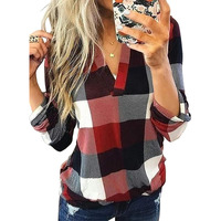 Dokotoo Womens Plus Size Spring Summer Fall Fashion Casual Ladies Basic Cotton Cuffed 3/4 Long Sleeve Plaid Print V Neck Work Tops Tunic Blouses T Shirts For Women 2024 Red