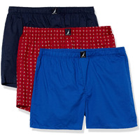 Nautica Mens Cotton Woven 3 Pack Boxer, Peacoatbright Cobaltanchor Print Red, Medium