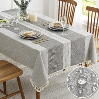 Qianquhui Embroidered Tablecloth For Dining Table,Dust Proof Spillproof Soil Resistant Cotton Linen Rectangle Table Cloths (Grey Lines, Rectangle/Oblong, 55'X70'', 4-6 Seats)