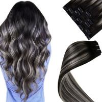 Laavoo Human Hair Clip In Extensions Ombre Off Black Fading To Silver Grey 16 Inch Balayage Clip In Human Hair Extensions Ombre Remy Human Hair Extensions Silky Straight 5Pcs 80G For Black Women