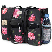 Topdesign Utility Water Resistant Tote Bag With 13 Exterior & Interior Pockets, Top Zipper Closure & Thick Bottom Support, For Working Women, Teachers, Nurses, Accountants (Peony)