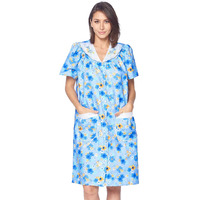 Casual Nights Womens Snap Front House Dress Short Sleeve Woven Housecoat Duster Lounger Robe, Floral Blue, Small