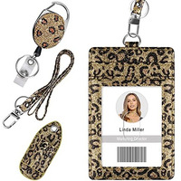 Retractable Id Badge Holder, Multipurpose Bling Rhinestone Badge Reel With Belt Clip Key Ring, Shiny Pu Leather Badge Holder With Lanyard And Pen Holder For Nurse, Teacher,Office Worker (Leopard)
