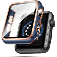 Top4Cus 42Mm Case Compatible With Apple Watch, With Built-In Tempered Glass Screen Protector, Pc Cover For Iwatch Series 9/8/7/Se 2Rd Se 6 5 4/3 2 For Choice (42Mm-Series 3/2, Blue + Rose Gold Edge)