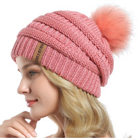 Queenfur Women Knit Slouchy Beanie Chunky Baggy Hat With Faux Fur Pompom Winter Soft Warm Ski Cap